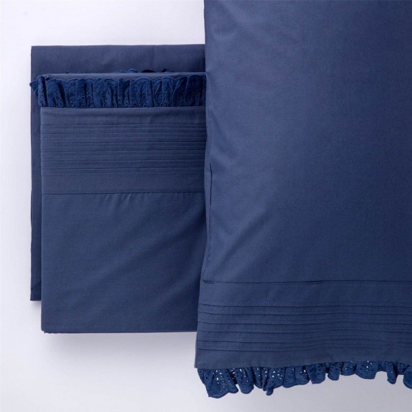 Completo lenzuola letto Singolo Riviera Beatrice Madapolam Blu denim