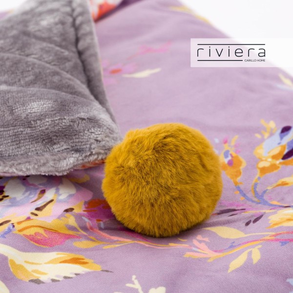 Plaid letto una piazza cm 130x170 in velluto con Pom Pom Carillo Berenice colore viola nirvana