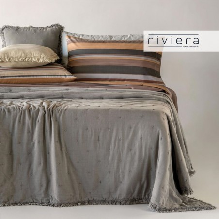 Copriletto Trapuntino letto matrimoniale in cotone stone washed con rouches Carillo Fernanda colore tortora