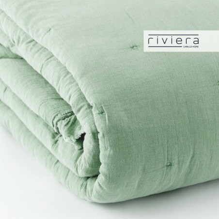 Copriletto Trapuntino letto matrimoniale in cotone stone washed con rouches Carillo Fernanda colore menta